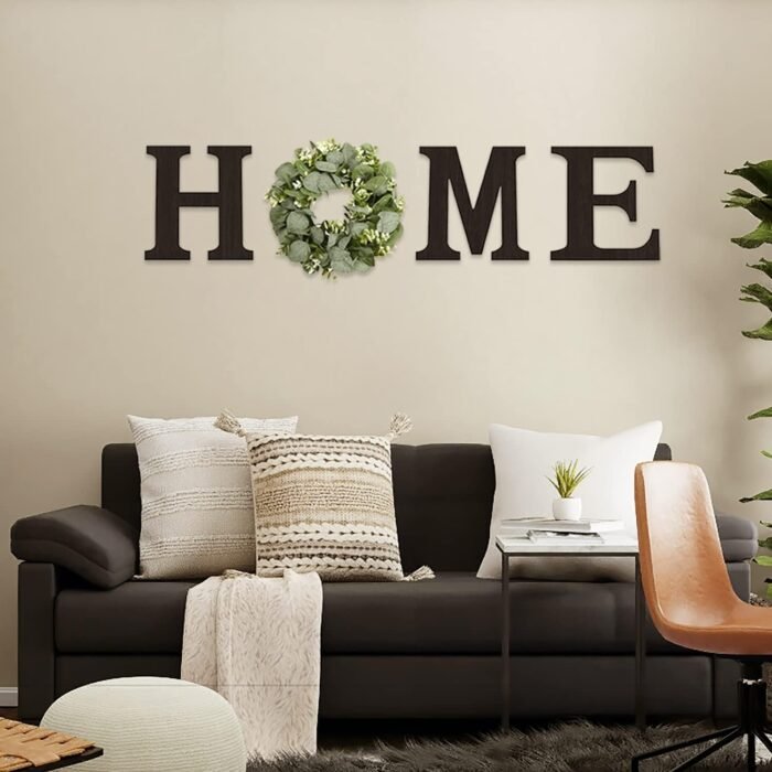 Wood Home Sign with Artificial Eucalyptus Wreath for O, Hanging Farmhouse Wall House Decor Wood Home Letters for Wall Art Rustic Home Decor, Home Wall Decor for Living Room Kitchen Entryway - Image 8