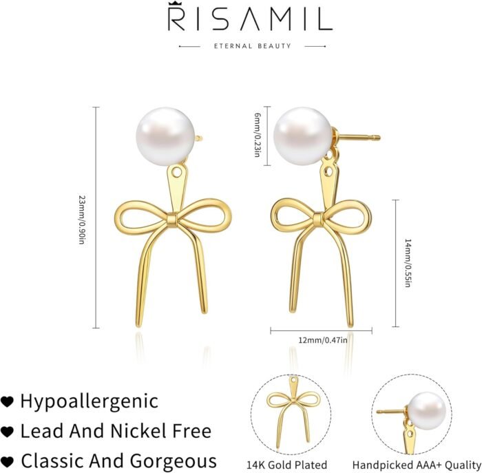 Pearl Earrings for Women Gold Hoop Earrings for Women Trendy 14K Gold Plated Pearl Huggie Earring Hoops Twist Rope Bow Stud Pearl Dangle Cubic Zirconia Earrings Jewelry Gifts for Women - Image 3