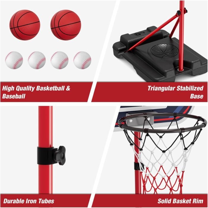 4 in 1 Kids Basketball Hoop and Tball Set for Toddlers 3-5, Adjustable Hanging Tee Ball Stand with Automatic Pitching Machine, Indoor Outdoor Sport Toys Christmas Birthday Gifts for Boys Girls - Image 8
