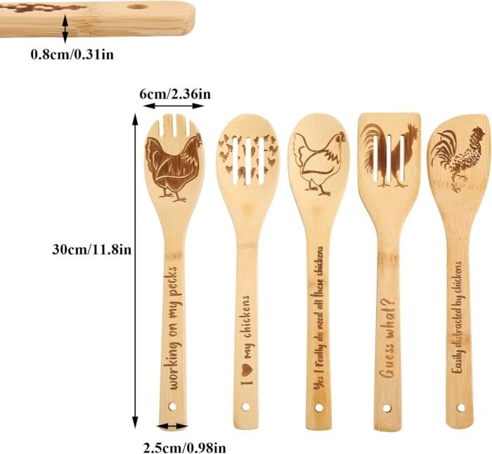 Pioneer Woman Kitchen Stuff - Rooster Wooden Spoons, Funny Wooden Cooking Utensils for Chicken Decor, Chicken Accessories, Rooster Decor, Chicken Gifts for Women, Housewarming Gifts New Home(5PCS) - Image 2