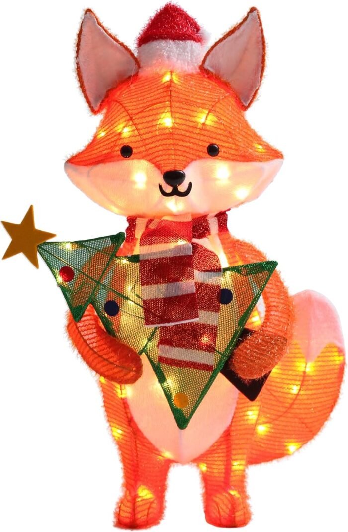 GENIMO Standing Fox Outdoor Christmas Decorations, 28.5 Inch Plush Pre-Lit Family Holiday Decor with 50 Lights, Fix with Stakes, Light for Indoor Outside Yard Porch Lawn Garden Patio - Image 2