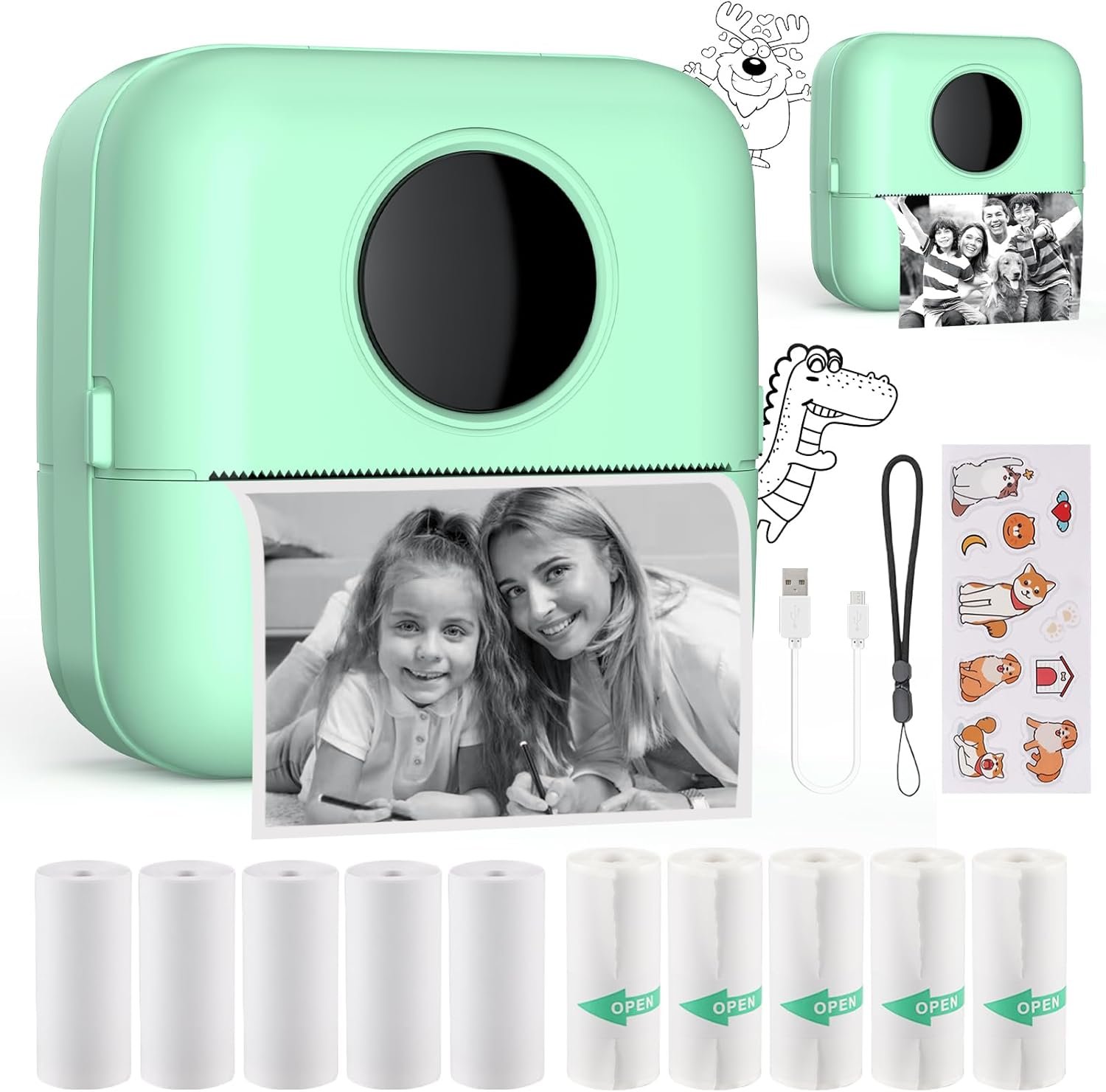 HuiJuKeJi Mini Sticker Printer Pocket Inkless Thermal Printer with 11 Rolls Thermal Paper and Sticker for iOS&Android, Bluetooth Smart Portable Receipt Printer for Photo Journal Notes Memo-Green