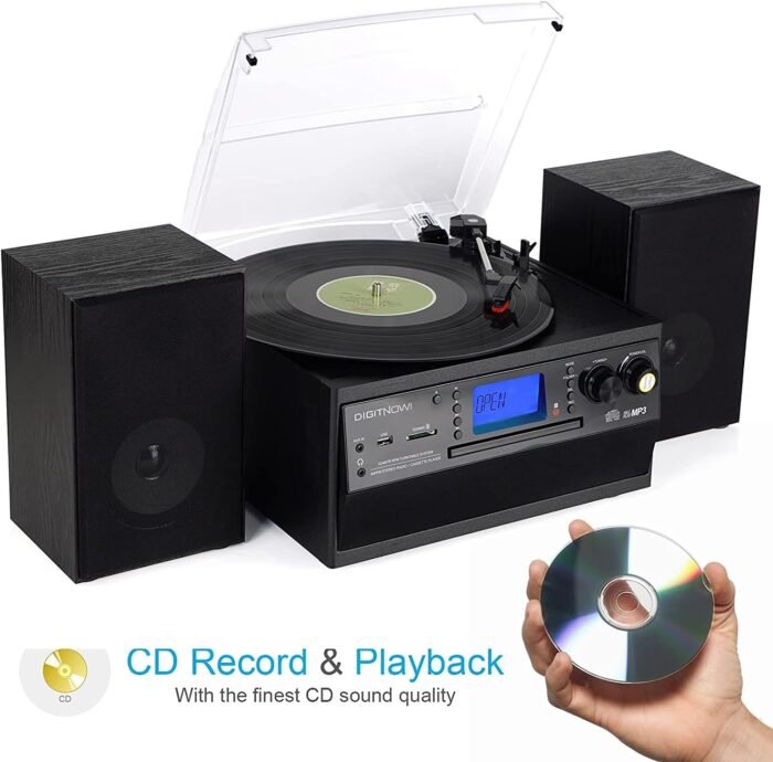 DIGITNOW Bluetooth Record Player Turntable with Stereo Speaker, LP Vinyl to MP3 Converter with CD, Cassette, Radio, Aux in and USB/SD Encoding, Remote Control, Audio Music Player Built in Amplifier - Image 3