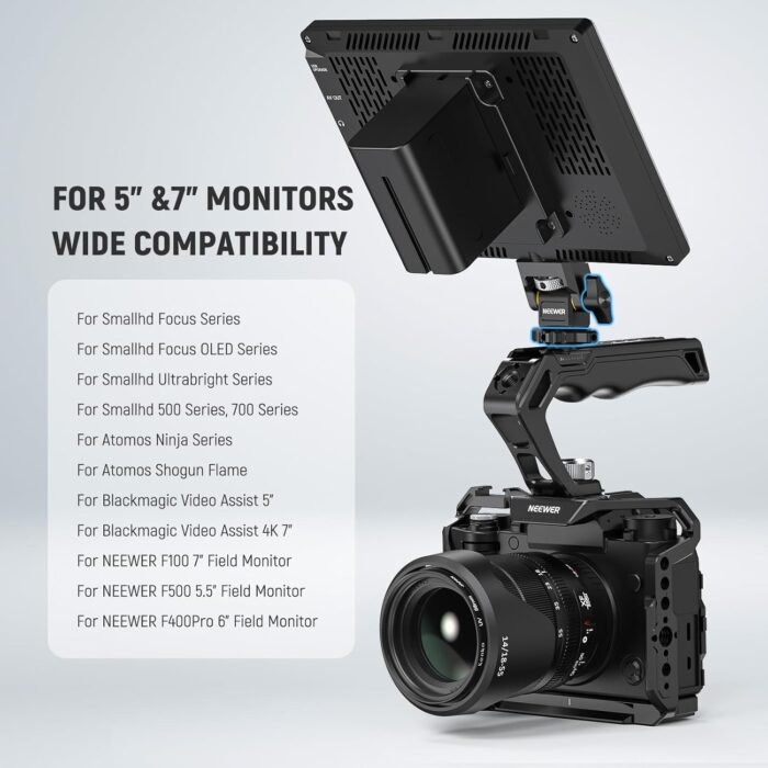NEEWER Camera Monitor Mount with Cold Shoe, Anti Twist 1/4" Screw for 5" & 7" Field Monitor Compatible with Atomos Ninja V, Foldable V Mount Battery Plate with Arca Type Camera Baseplate Included - Image 7