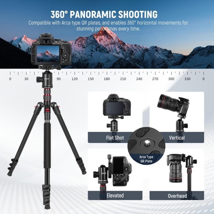 NEEWER 77 inch Camera Tripod Monopod for DSLR, Phone with 360° Panoramic Ball Head, 2 Axis Center Column, Arca Type QR Plate, Compact Aluminum Lightweight Travel Tripod 34lb Max Load, Bag Included - Image 4