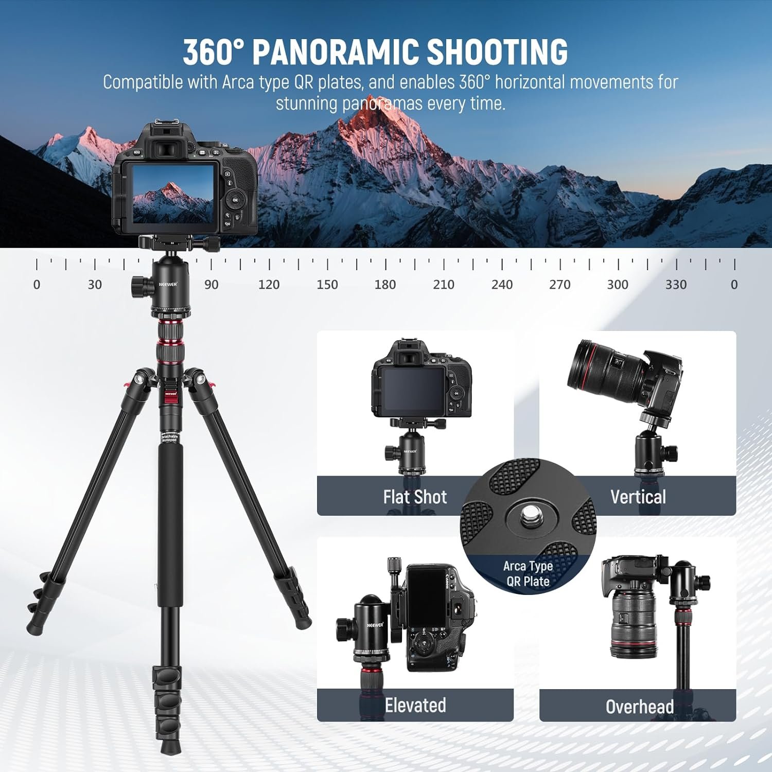 NEEWER 77 inch Camera Tripod Monopod for DSLR, Phone with 360° Panoramic Ball Head, 2 Axis Center Column, Arca Type QR Plate, Compact Aluminum Lightweight Travel Tripod 34lb Max Load, Bag Included - Image 4