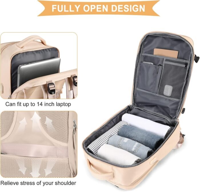 coowoz Large Casual Travel Backpack For Women Men,Carry On Rucksack Flight Approved,Hiking Waterproof Outdoor Sports Daypack Fit 15.6 Inch Laptop Shoes Compartment (Beige) - Image 5