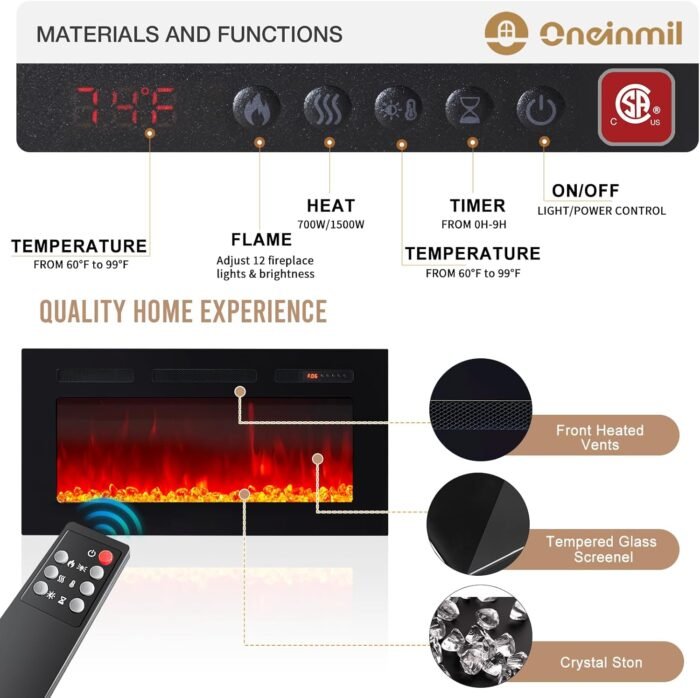 oneinmil Fireplace TV Stand with 36" Electric Fireplace, LED Light Entertainment Center, Modern Wood Texture Entertainment Stand with Highlight Storage Cabinet for TVs Up to 80", 70 inches, Black - Image 5