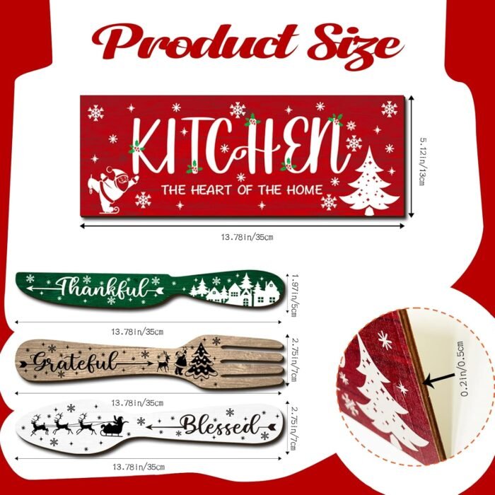 YLOLUL 4 Pieces Christmas Kitchen Decor Eat Sign Set Fork and Spoon Wooden Hanging Wall Decor Art Rustic Country Farmhouse Kitchen Xmas Santa Snowman Wall Art Sign for Dining Room Home Decor - Image 2