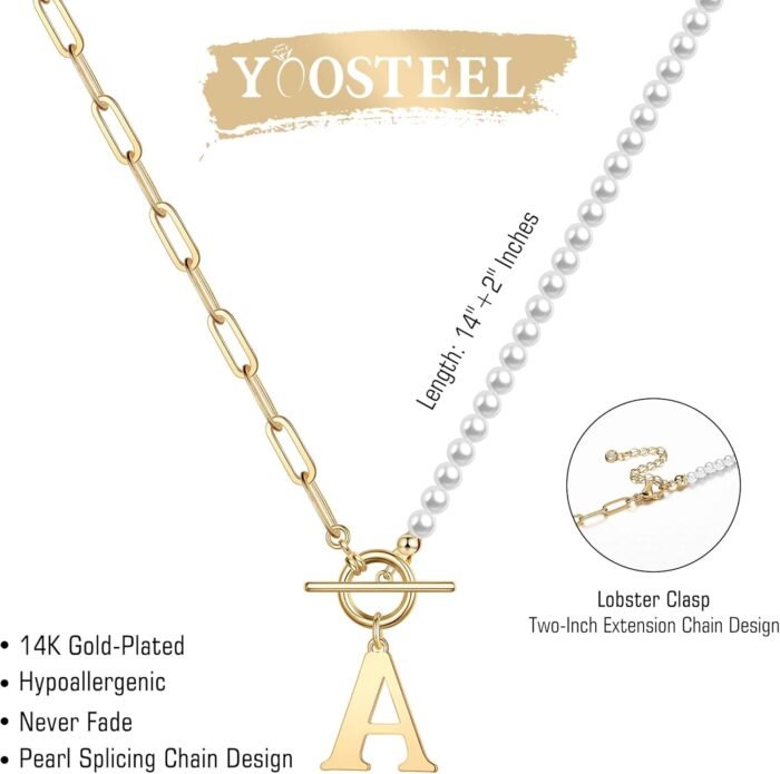 Gold Initial Pearl Necklace for Women, 14K Gold Plated Paperclip Link Chain Necklace Choker Toggle Clasp Necklace Dainty Pearl Chain Necklace Initial Pendant Necklaces for Women Gold Jewelry Gifts - Image 6