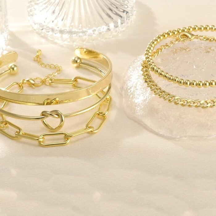 14K Gold Plated Bangle Cuff Bracelet Set for Women Bracelet Stack Adjustable Tennis/Beaded/Paperclip/Cuban Link Chain Bracelets Jewelry - Image 4