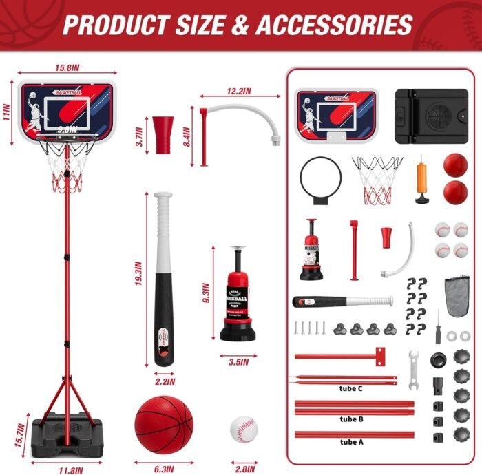4 in 1 Kids Basketball Hoop and Tball Set for Toddlers 3-5, Adjustable Hanging Tee Ball Stand with Automatic Pitching Machine, Indoor Outdoor Sport Toys Christmas Birthday Gifts for Boys Girls - Image 9
