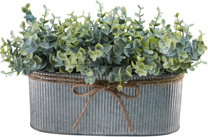 Winlyn Artificial Eucalyptus Arrangement in Rustic Oval Galvanized Metal Planter Box Faux Eucalyptus Bush Greenery Potted Plants for Farmhouse Indoor Home Office Table Centerpiece Kitchen Décor