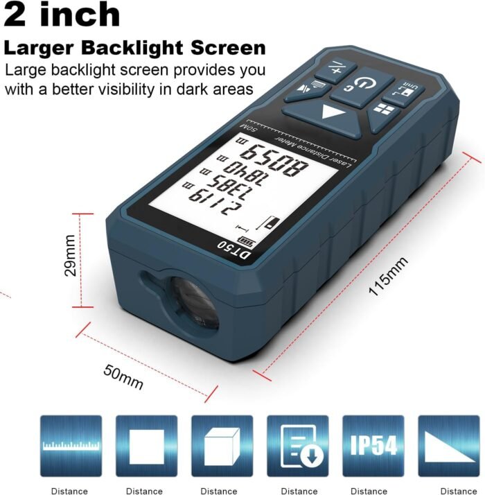 Laser Measure 165ft DT50 Laser Distance Meter 50M, Portable Handle Digital Measure Tool Range Finder, Larger Backlit LCD 4 Line Display IP54 Shockproof - Image 4