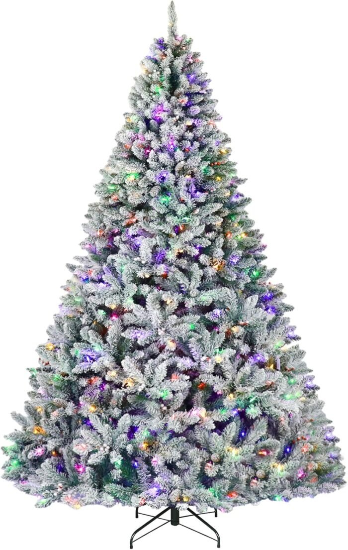 Hykolity 7.5 ft Prelit Snow Flocked Christmas Tree, Artificial Christmas Tree with Pine Cones and Berries, 450 Color Changing LED Lights, 1446 Branch Tips, Metal Stand and Hinged Branches, 10 Colors