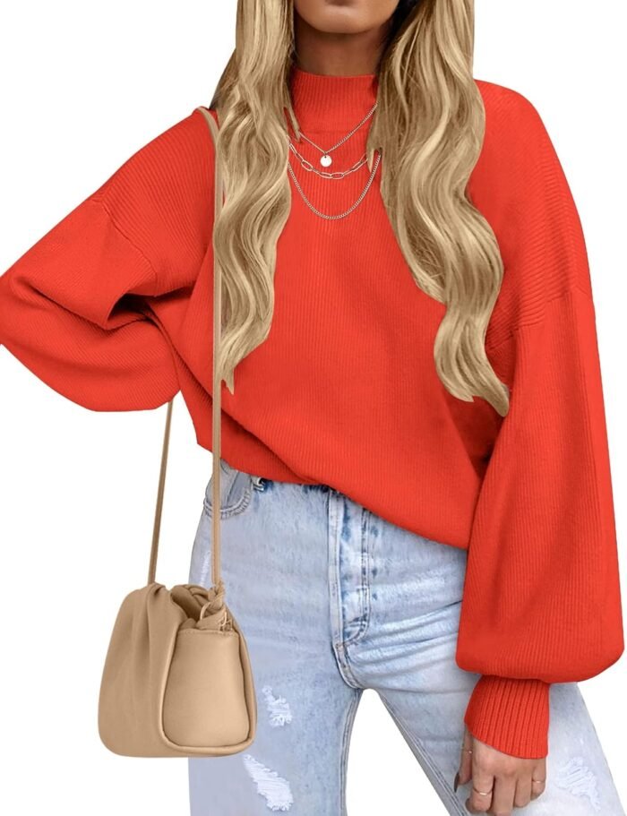ZESICA Women's 2024 Casual Turtleneck Long Lantern Sleeve Oversized Ribbed Knit Pullover Sweater Jumper Top