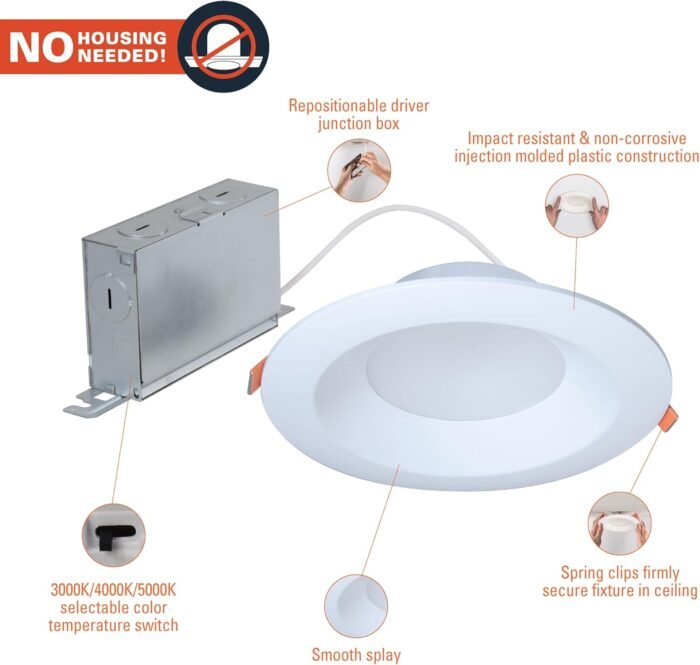 HALO 6-Inch Canless LED Recessed Light Selectable 3000K, 4000K, 5000K CCT 800 Lumens – White - Image 3