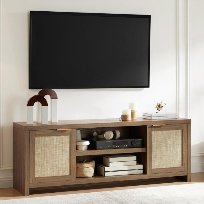Hampstead TV Stand for Living Room, Modern Entertainment Center for 65 inch TV, 2 Rattan Doors Cabinet Media Console, TV Console Table with Soft Hinge Door and Handle (Special Walnut)