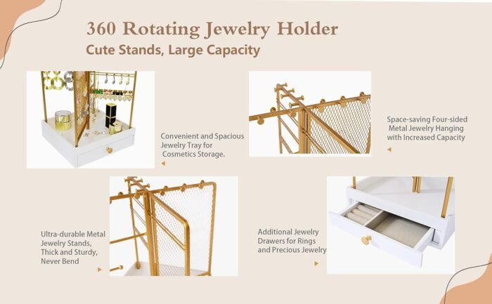 Jewelry Organizer Stand, Display Earring Tree, Necklace Holder Tower, Neatly Hanging Ring, Bracelet, Includes Wooden Drawer, Gift for Women Girl - Image 7