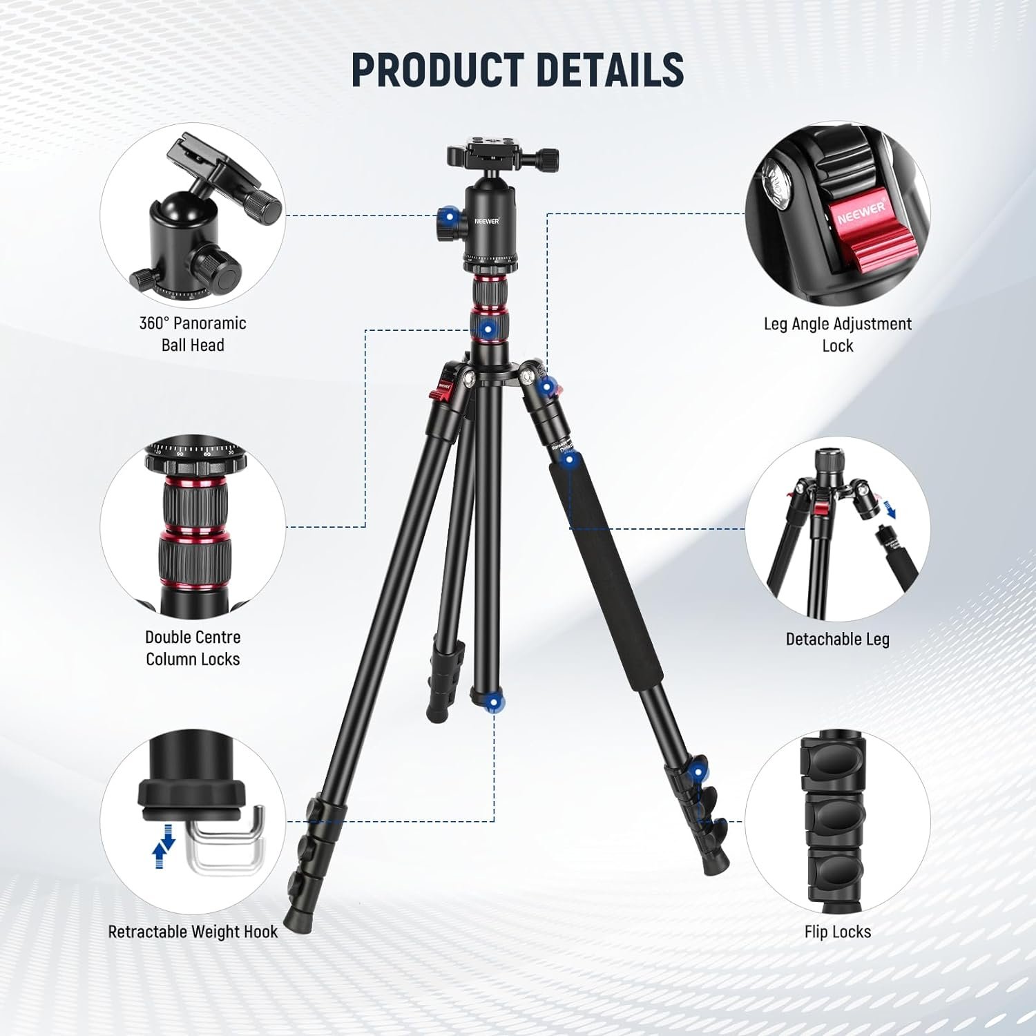 NEEWER 77 inch Camera Tripod Monopod for DSLR, Phone with 360° Panoramic Ball Head, 2 Axis Center Column, Arca Type QR Plate, Compact Aluminum Lightweight Travel Tripod 34lb Max Load, Bag Included - Image 7