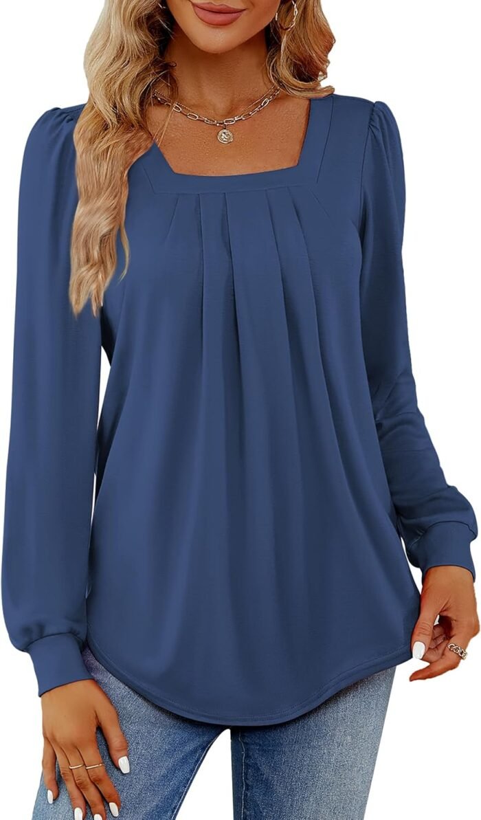 Funlingo 2024 Women's Long Sleeve Tops Dressy Pleated Square Neck Tunic Blouses Casual Loose Shirts - Image 4
