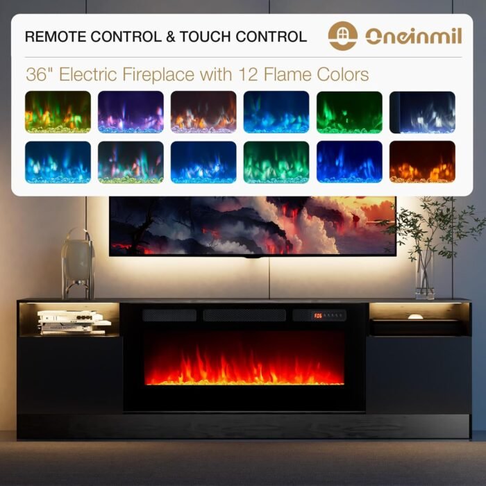 oneinmil Fireplace TV Stand with 36" Electric Fireplace, LED Light Entertainment Center, Modern Wood Texture Entertainment Stand with Highlight Storage Cabinet for TVs Up to 80", 70 inches, Black - Image 4