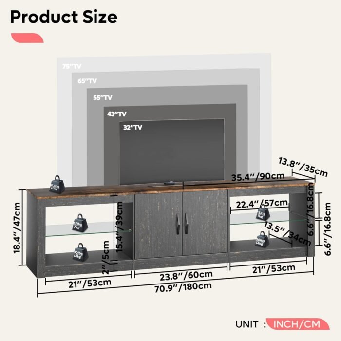 Bestier 70 Inch Led TV Stand for 75 Inch TV Large Entertainment Center Gaming with Adjustable Glass Shelves Two Cabinets Modern TV Console for Living Room 22 RGB Modes, Golden Black - Image 7