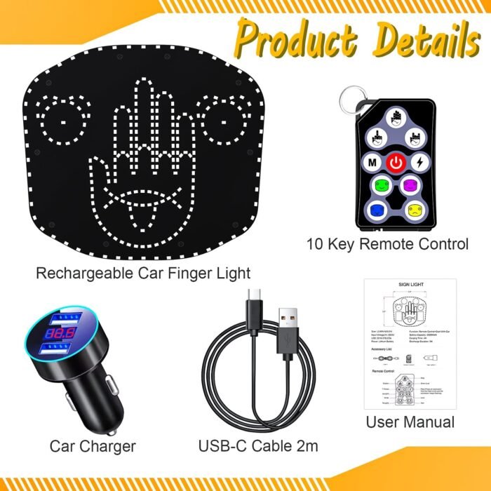 Rechargeable Car Finger Light and Expression Light, Hand Finger Light with Remote, Car Gesture Light to Express Yourself, Fun Truck Accessories, 2 in 1 Ideal Cool Car Accessories Gadgets Gift - Image 6
