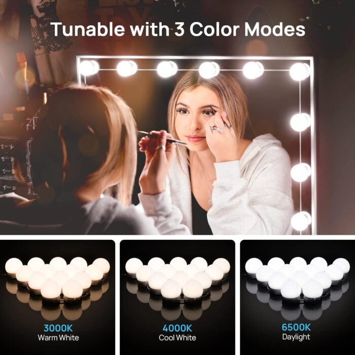 LED Vanity Lights For Mirror, Consciot Hollywood Style Lights With 14 Dimmable Bulbs, Adjustable Color & Brightness, USB Cable, Mirror Lights Stick on for Makeup Table Dressing Room Mirror,White - Image 3