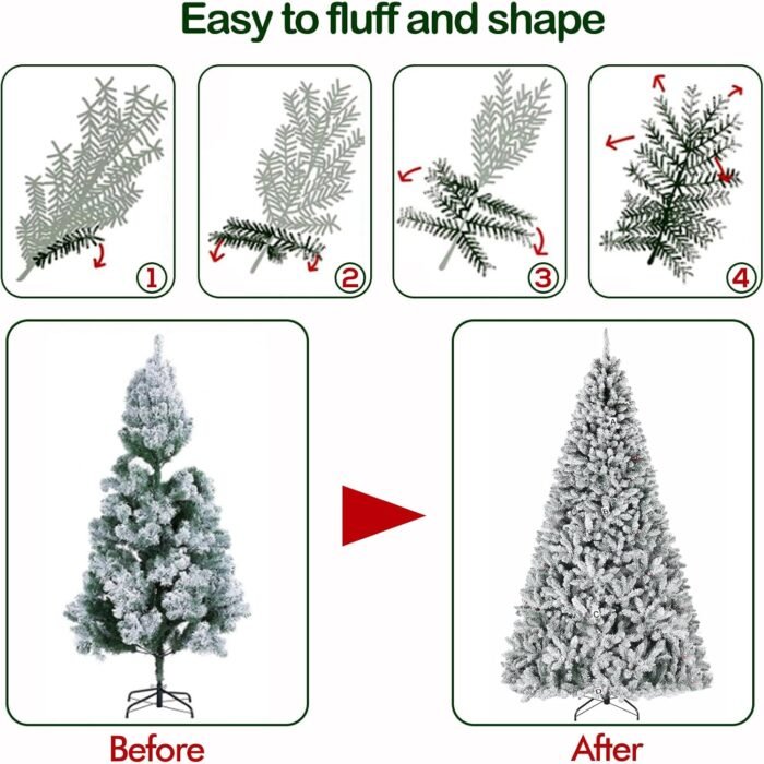 Hykolity 7.5 ft Prelit Snow Flocked Christmas Tree, Artificial Christmas Tree with Pine Cones and Berries, 450 Color Changing LED Lights, 1446 Branch Tips, Metal Stand and Hinged Branches, 10 Colors - Image 9