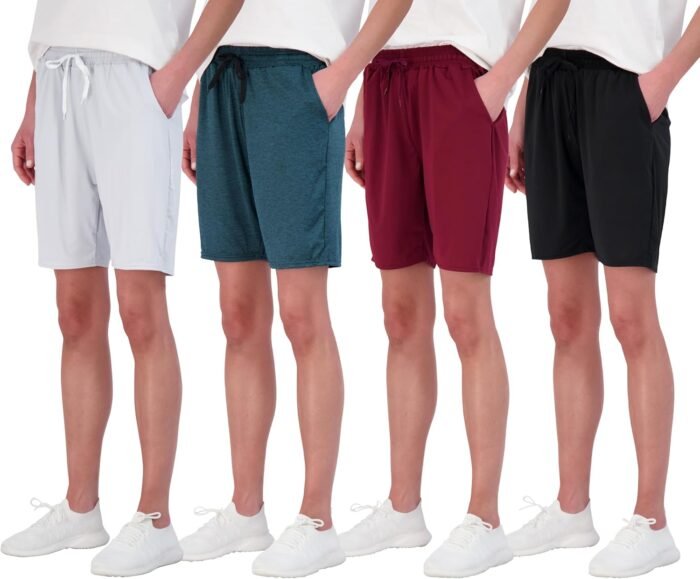 Real Essentials 4 Pack: Women's Dry-Fit Athletic 7" Bermuda Long High Waisted Running Shorts (Available in Plus Size)