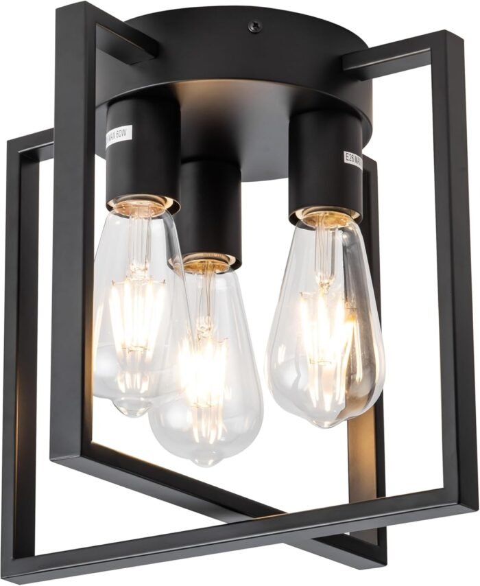 3-Light Ceiling Light Fixture, Semi-Flush Mount Light with Contemporary Geometric Metal Cage, Farmhouse Industrial Lighting for Kitchen Living Room Bedroom Hallway Foyer, E26 Black
