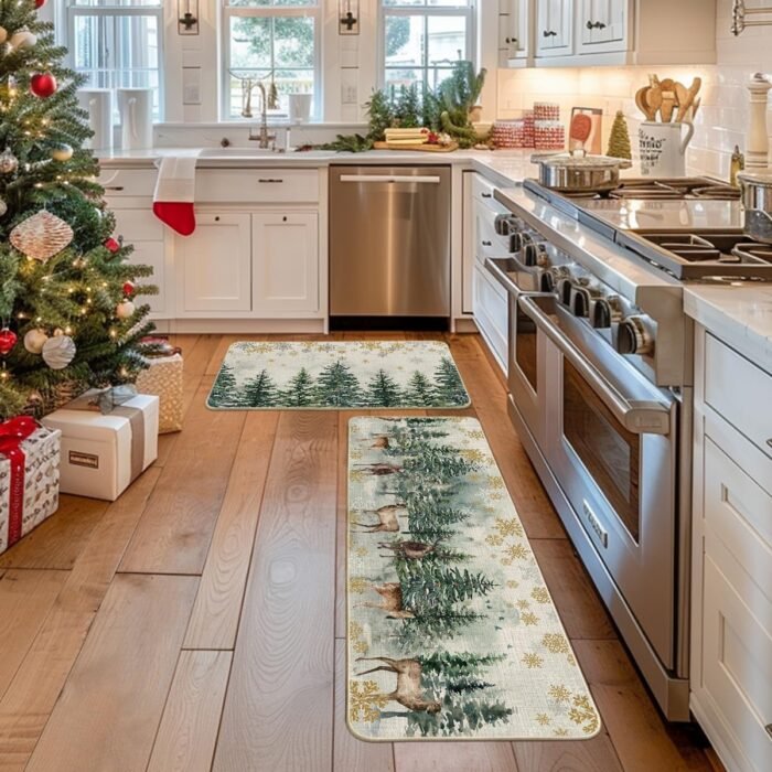 Artoid Mode Xmas Trees Deer Snowflakes Christmas Kitchen Mats Set of 2, Winter Home Decor Low-Profile Kitchen Rugs for Floor - 17x29 and 17x47 Inch - Image 4