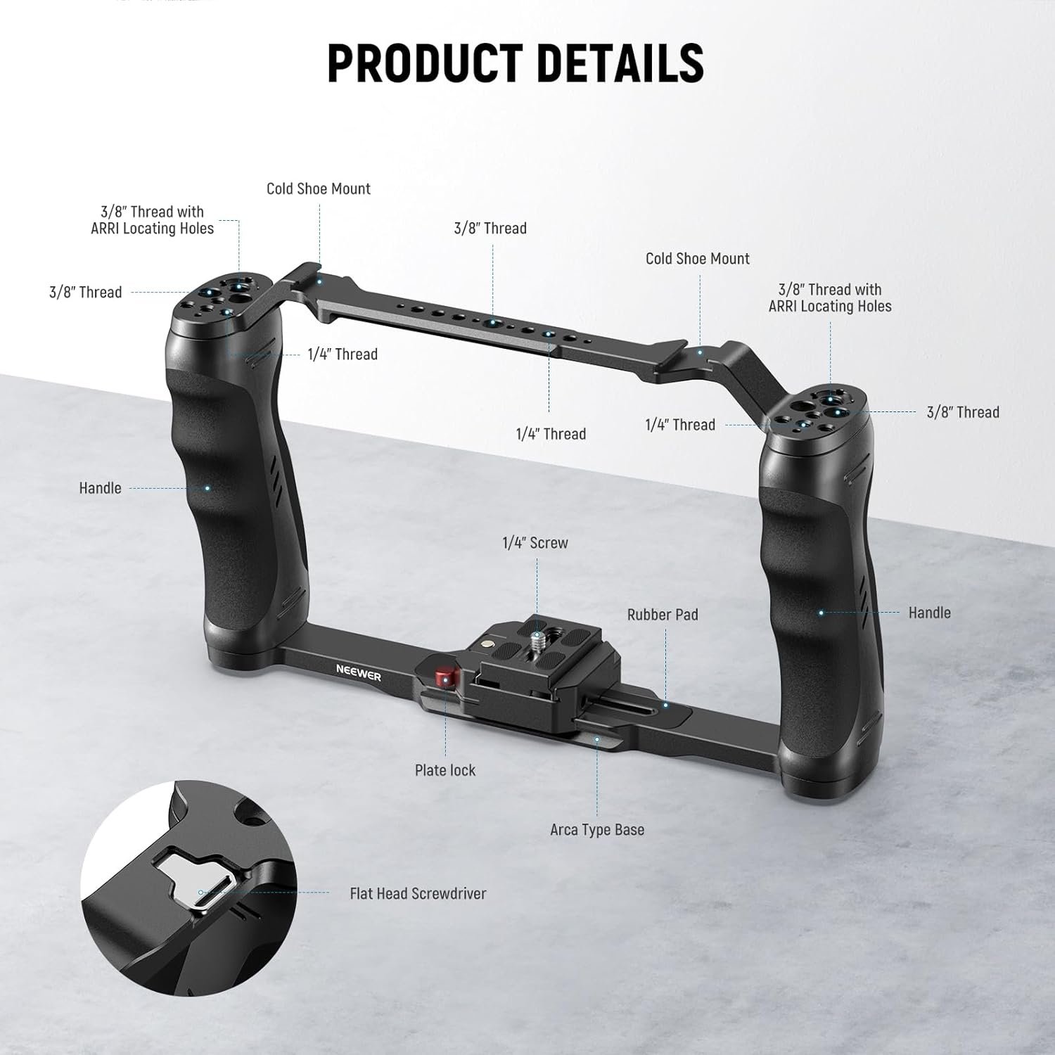NEEWER Video Camera Cage Rig with Arca Type Quick Release Plate, Dual Grips, 3/8" ARRI & 1/4" Threads, Cold Shoes, Universal Camera Stabilizer Compatible with SmallRig NEEWER Baseplate, CA077 - Image 2