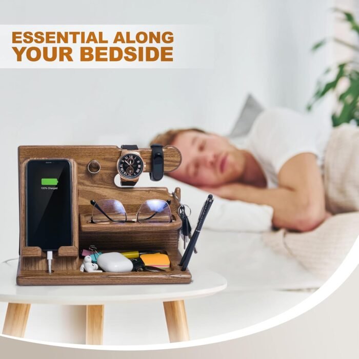 TESLYAR Wood Phone Docking Station for Men - Desk Accessories & Workspace Organizer - Nightstand Organizer - Birthday Gifts for Men or Dad - Idea for Anniversary - Key Holder - Stand Watch (Beige) - Image 4