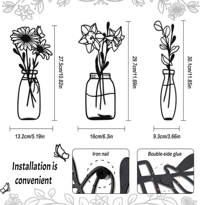 Zzbakress 3 Piece Metal Flowers and Vases Wall Decoration Minimalist Art Wall Sculpture Daffodils Chrysanthemum Eucalyptus Leaf Iron Decorative Floral for Living Room or Kitchen (Style 1, Black) - Image 4