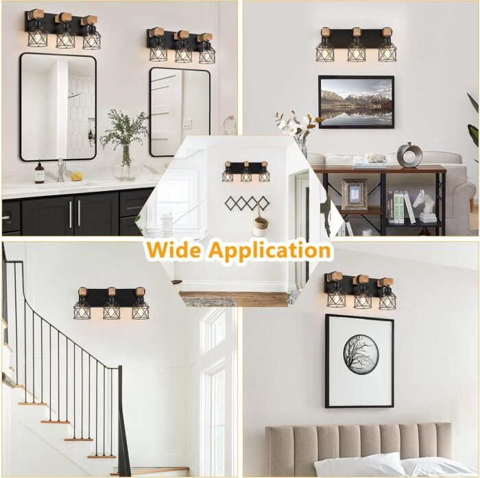 FadimiKoo 3-Light Farmhouse Vanity Light for Bathroom, Wood Bathroom Light Fixtures Over Mirror, Industrial Black Vanity Light with Metal Lampshade for Bedroom Hallway Living Room - Image 7