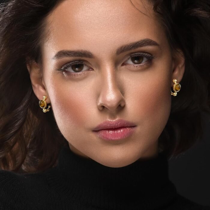 Tiger Eye Earrings for Women Gold Hoop Earrings Brown Gemstone Earrings Tiger Stone Earrings for Gift - Image 2