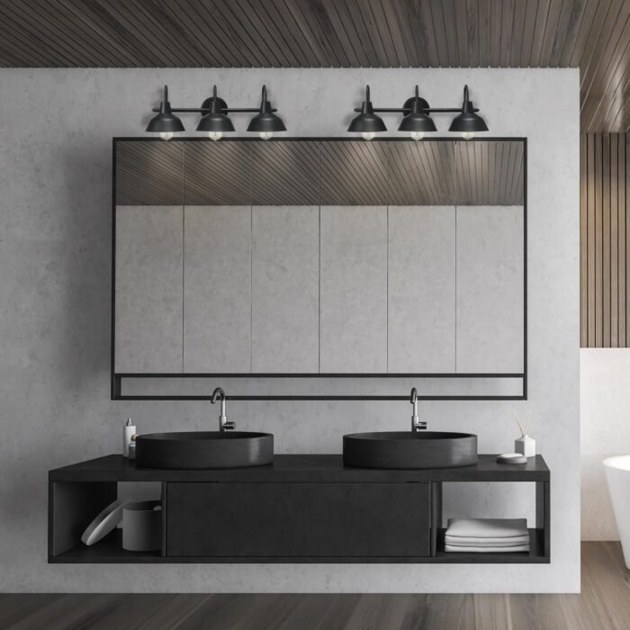 Globe Electric 65554 Barnyard 3-Light Vanity Light, Matte Black, White Interior Shades - Image 3