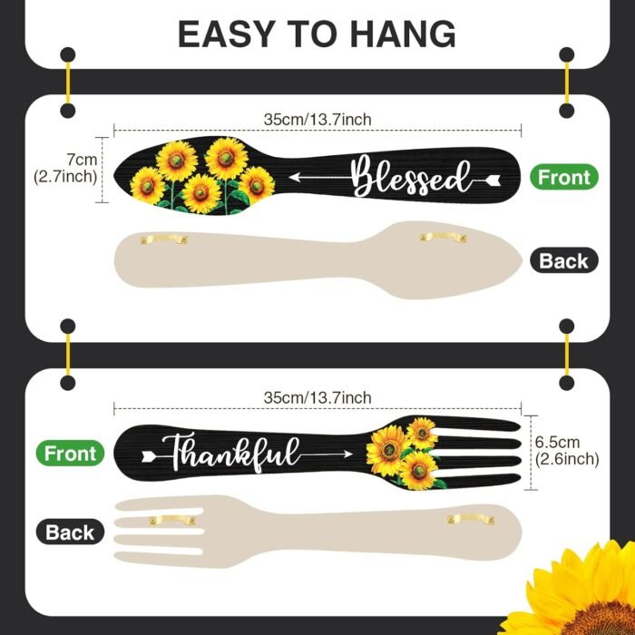 Yerliker 3 Pieces Sunflower Kitchen Decor Hello Summer Blessed Thankful Wooden Hanging Eat Signs Fork and Spoon Summer Farmhouse Wall Art Decor for Kitchen Home (Black, 13.78 x 5.12 Inch) - Image 3