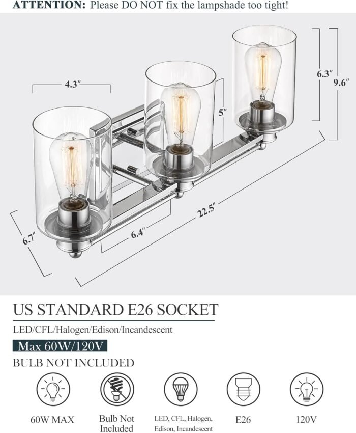 Bathroom Vanity Light Fixtures, HWH Modern Wall Sconce Lighting Over Mirror, 3-Light Vanity Wall Lamp in Chrome, 5HLT63B-3W CH - Image 3