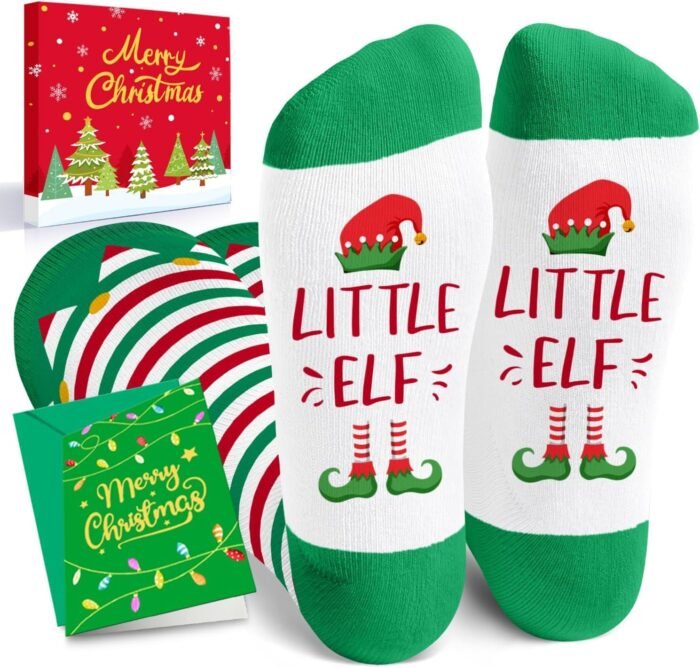 HAPPYPOP Christmas Gifts Stocking Socks for Women - Christmas Striped Knee High Elf Socks Red White Green Striped Socks for Teen Girls with Greeting Card