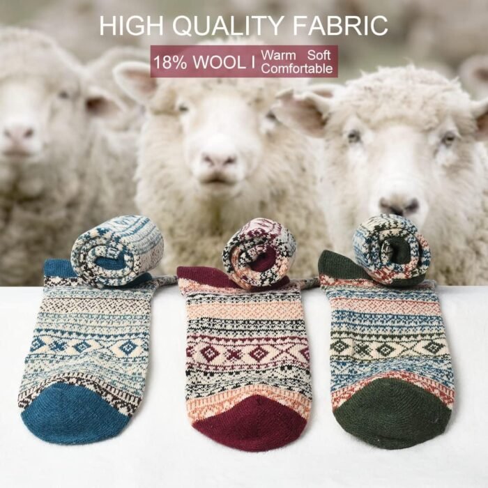 FYC Winter Womens Socks Wool Warm Thick Knit Cozy Crew Casual Vintage Soft Socks for Women Christmas Gifts Socks 5 Pairs - Image 4