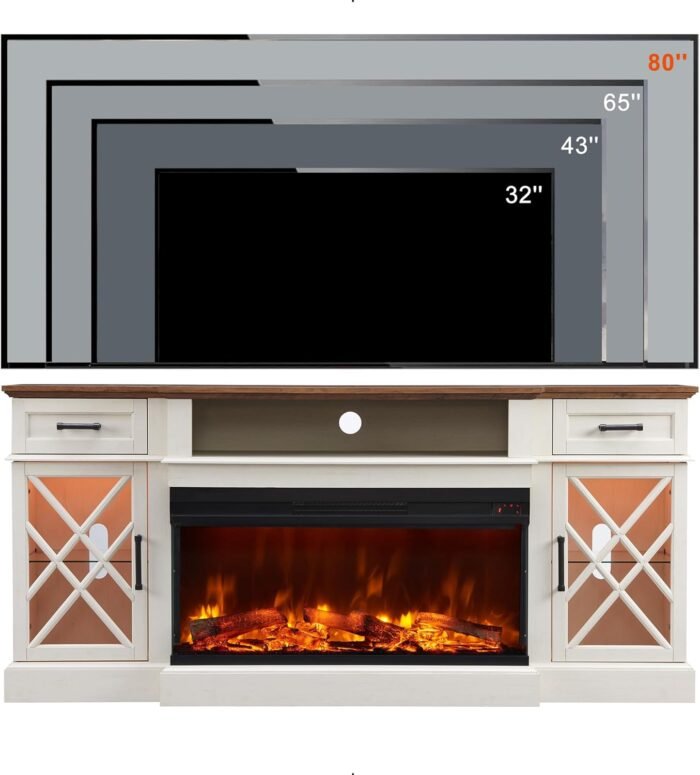 OKD 3-Sided Farmhouse Electric Fireplace TV Stand for TVs up to 80'', Highboy Entertainment Center with Glass Door Storage Cabinet, 70'' Large TV Stands with 36'' , Antique White - Image 5