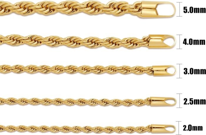 Fiusem Gold Plated Rope Chain for Men, 18K Gold Plated Mens Chain Necklace, Stainless Steel Chain Necklacefor Men and Women - Image 2