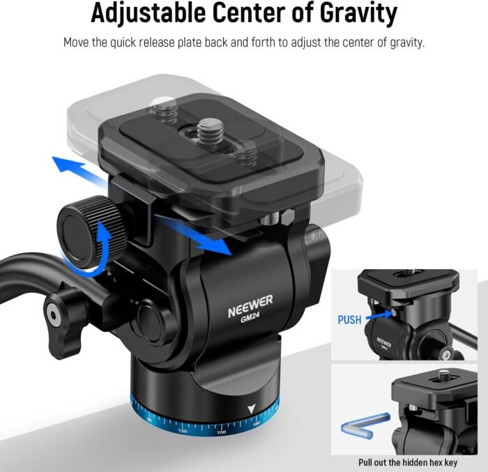 NEEWER Tripod Fluid Head Pan Tilt Head with Arca Type Quick Release Plate and Handle, Metal Panorama Head with Scaled Base (⌀37mm) for Compact Video Camera DSLR Camera, Load up to 6.6lb, GM24 (Blue) - Image 6