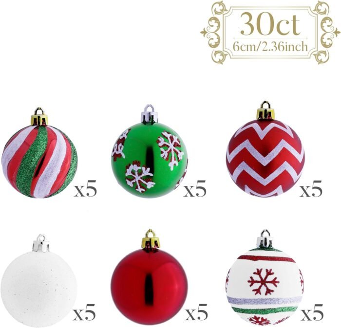 Valery Madelyn Christmas Ornaments Tree Decorations, 30ct Red Green White Shatterproof Christmas Ball Ornaments Set, 2.36 Inch Decorative Hanging Ornament Bulk for Xmas Holiday Party Decor - Image 3
