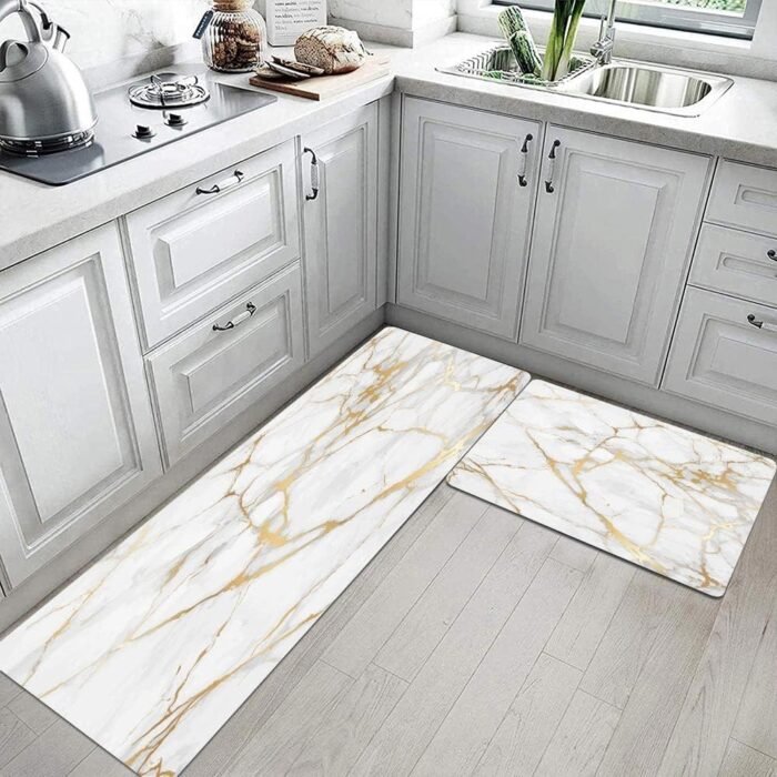Mrcrypos Gold White Kitchen Rugs Cushioned Anti Fatigue 2 PCS Marble Kitchen Mats PVC Non Slip Waterproof Kitchen Mats for Floor Sink Laundry Office - Image 6