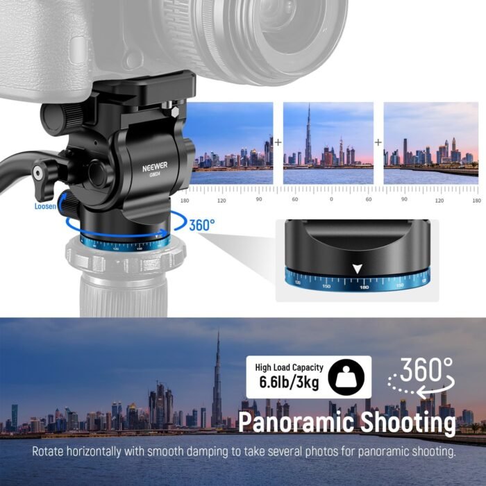 NEEWER Tripod Fluid Head Pan Tilt Head with Arca Type Quick Release Plate and Handle, Metal Panorama Head with Scaled Base (⌀37mm) for Compact Video Camera DSLR Camera, Load up to 6.6lb, GM24 (Blue) - Image 2