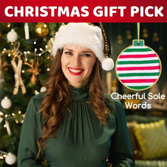 HAPPYPOP Christmas Gifts Stocking Socks for Women - Christmas Striped Knee High Elf Socks Red White Green Striped Socks for Teen Girls with Greeting Card - Image 7